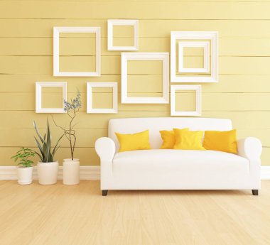 Sarı minimalist oturma odasının içinde ahşap bir zeminde kanepe var. İç kısımları kuzeyli. 3B illüstrasyon