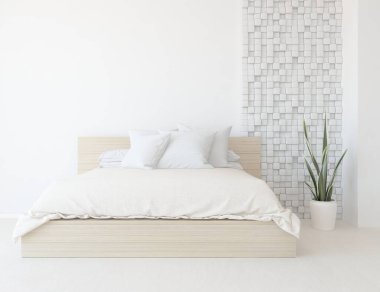 Beyaz minimalist yatak odası. Ahşap zeminde çift kişilik yatak. İç kısımları kuzeyli. 3B illüstrasyon