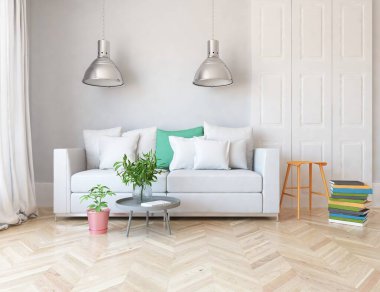 Beyaz minimalist oturma odasının içinde, ahşap zeminde kanepe var. İç kısımları kuzeyli. 3B illüstrasyon