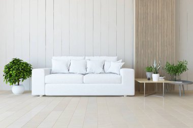 Beyaz minimalist oturma odasının içinde, ahşap zeminde kanepe var. İç kısımları kuzeyli. 3B illüstrasyon