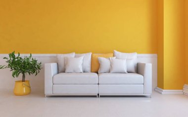 Sarı minimalist oturma odasının içinde ahşap bir zeminde kanepe var. İç kısımları kuzeyli. 3B illüstrasyon