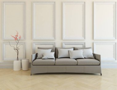 Minimalist bir oturma odası ve ahşap zeminde bir kanepe. İç kısımları kuzeyli. 3B illüstrasyon