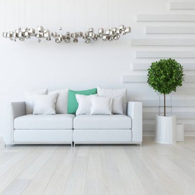Beyaz minimalist oturma odasının içinde, ahşap zeminde kanepe var. İç kısımları kuzeyli. 3B illüstrasyon