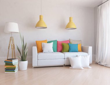 Minimalist bir oturma odası ve ahşap zeminde bir kanepe. İç kısımları kuzeyli. 3B illüstrasyon