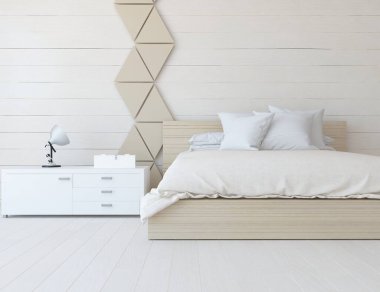 Beyaz minimalist yatak odası. Ahşap zeminde çift kişilik yatak. İç kısımları kuzeyli. 3B illüstrasyon