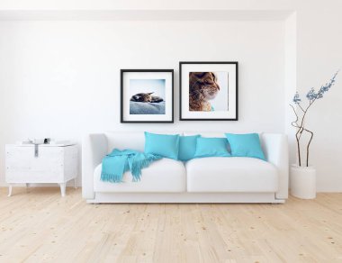 Beyaz minimalist oturma odasının içinde, ahşap zeminde kanepe var. İç kısımları kuzeyli. 3B illüstrasyon