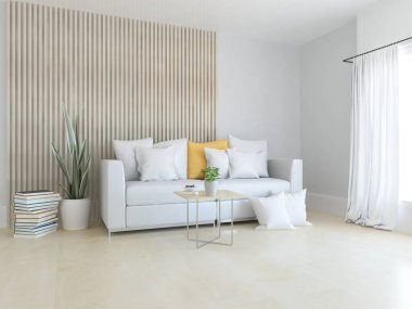 Beyaz minimalist oturma odasının içinde, ahşap zeminde kanepe var. İç kısımları kuzeyli. 3B illüstrasyon