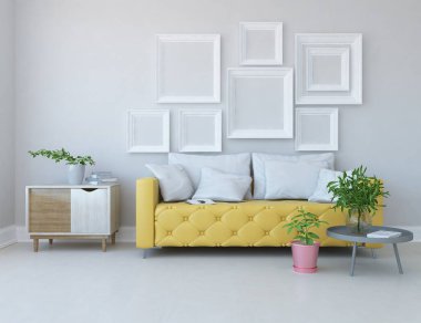 Beyaz minimalist oturma odasının içinde, ahşap zeminde kanepe var. İç kısımları kuzeyli. 3B illüstrasyon