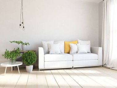 Beyaz minimalist oturma odasının içinde, ahşap zeminde kanepe var. İç kısımları kuzeyli. 3B illüstrasyon