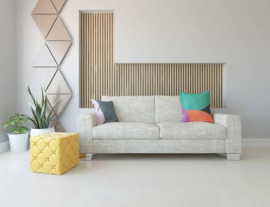 Minimalist bir oturma odası ve ahşap zeminde bir kanepe. İç kısımları kuzeyli. 3B illüstrasyon