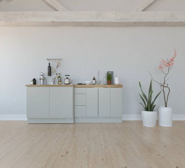 Beyaz minimalist mutfak odası. Ahşap zeminde yemek mobilyası var. İç kısımları kuzeyli. 3B illüstrasyon