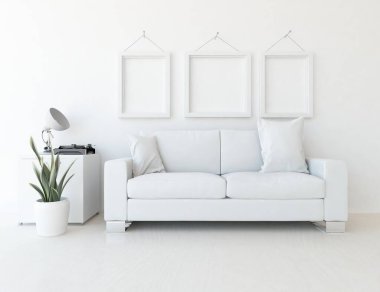 Beyaz minimalist oturma odasının içinde, ahşap zeminde kanepe var. İç kısımları kuzeyli. 3B illüstrasyon