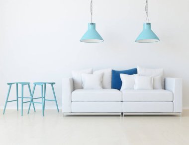 Beyaz minimalist oturma odasının içinde, ahşap zeminde kanepe var. İç kısımları kuzeyli. 3B illüstrasyon