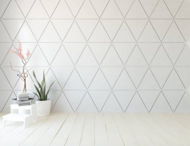 Minimalist oturma odasının içinde ahşap zemin var. İç kısımları kuzeyli. 3B illüstrasyon