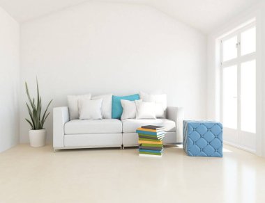 Beyaz minimalist oturma odasının içinde, ahşap zeminde kanepe var. İç kısımları kuzeyli. 3B illüstrasyon
