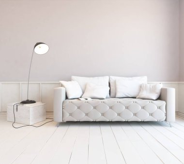 Beyaz minimalist oturma odasının içinde, ahşap zeminde kanepe var. İç kısımları kuzeyli. 3B illüstrasyon