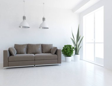 Beyaz minimalist oturma odasının içinde, ahşap zeminde kanepe var. İç kısımları kuzeyli. 3B illüstrasyon