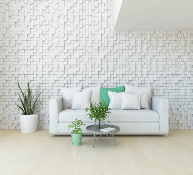 Beyaz minimalist oturma odasının içinde, ahşap zeminde kanepe var. İç kısımları kuzeyli. 3B illüstrasyon