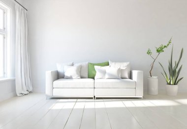Beyaz minimalist oturma odasının içinde, ahşap zeminde kanepe var. İç kısımları kuzeyli. 3B illüstrasyon