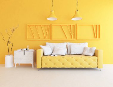 Sarı minimalist oturma odasının içinde ahşap bir zeminde kanepe var. İç kısımları kuzeyli. 3B illüstrasyon