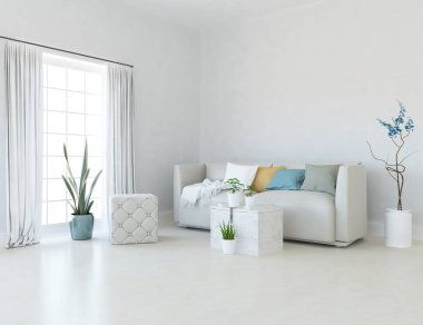 Beyaz minimalist oturma odasının içinde, ahşap zeminde kanepe var. İç kısımları kuzeyli. 3B illüstrasyon