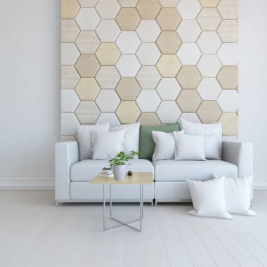 Minimalist bir oturma odası ve ahşap zeminde bir kanepe. İç kısımları kuzeyli. 3B illüstrasyon