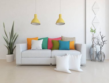 Beyaz minimalist oturma odasının içinde, ahşap zeminde kanepe var. İç kısımları kuzeyli. 3B illüstrasyon