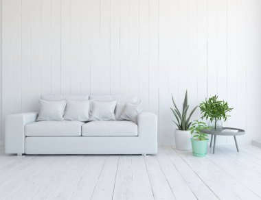 Beyaz minimalist oturma odasının içinde, ahşap zeminde kanepe var. İç kısımları kuzeyli. 3B illüstrasyon