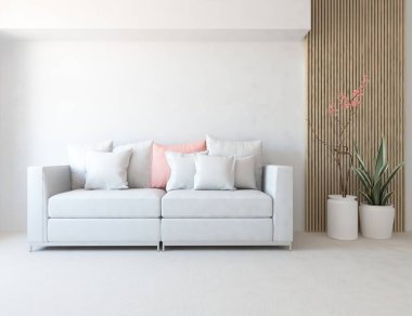 Beyaz minimalist oturma odasının içinde, ahşap zeminde kanepe var. İç kısımları kuzeyli. 3B illüstrasyon
