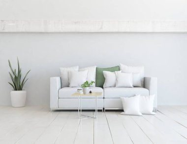 Beyaz minimalist oturma odasının içinde, ahşap zeminde kanepe var. İç kısımları kuzeyli. 3B illüstrasyon