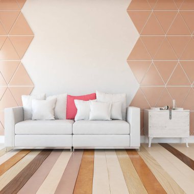 Beyaz minimalist oturma odasının içinde, ahşap zeminde kanepe var. İç kısımları kuzeyli. 3B illüstrasyon