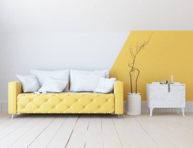 Sarı minimalist oturma odasının içinde ahşap bir zeminde kanepe var. İç kısımları kuzeyli. 3B illüstrasyon
