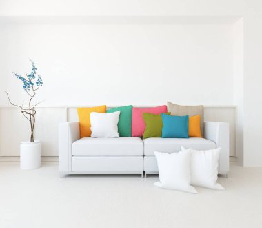 Beyaz minimalist oturma odasının içinde, ahşap zeminde kanepe var. İç kısımları kuzeyli. 3B illüstrasyon