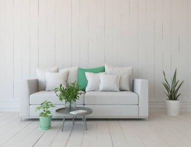 Beyaz minimalist oturma odasının içinde, ahşap zeminde kanepe var. İç kısımları kuzeyli. 3B illüstrasyon