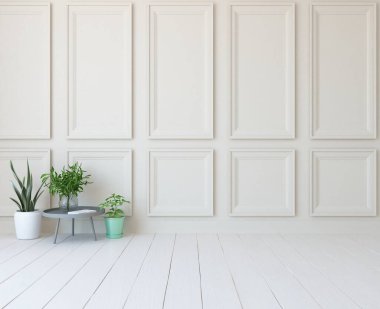 Minimalist oturma odasının içinde ahşap zemin var. İç kısımları kuzeyli. 3B illüstrasyon