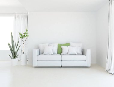 Beyaz minimalist oturma odasının içinde, ahşap zeminde kanepe var. İç kısımları kuzeyli. 3B illüstrasyon