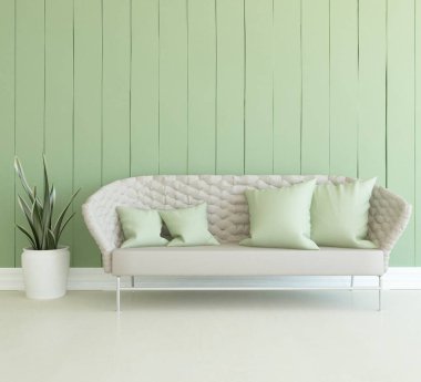 Ahşap zeminde kanepesi olan yeşil minimalist oturma odası. İç kısımları kuzeyli. 3B illüstrasyon