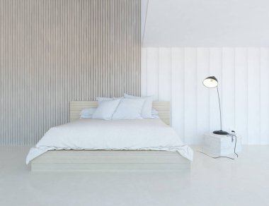 Beyaz minimalist yatak odası. Ahşap zeminde çift kişilik yatak. İç kısımları kuzeyli. 3B illüstrasyon