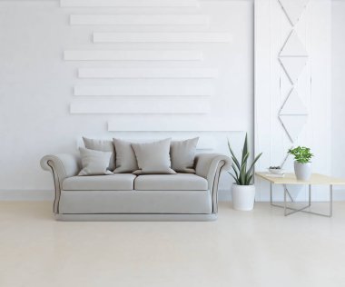 Beyaz minimalist oturma odasının içinde, ahşap zeminde kanepe var. İç kısımları kuzeyli. 3B illüstrasyon