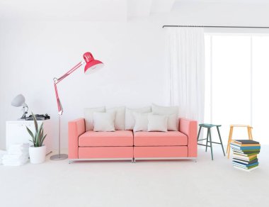 Beyaz minimalist oturma odasının içinde, ahşap zeminde kanepe var. İç kısımları kuzeyli. 3B illüstrasyon