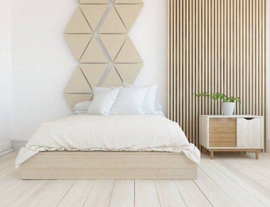 Beyaz minimalist yatak odası. Ahşap zeminde çift kişilik yatak. İç kısımları kuzeyli. 3B illüstrasyon