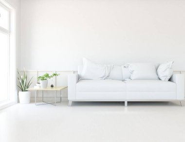 Beyaz minimalist oturma odasının içinde, ahşap zeminde kanepe var. İç kısımları kuzeyli. 3B illüstrasyon