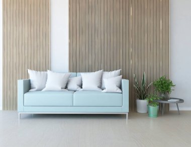 Minimalist bir oda ve kanepe. İç kısımları kuzeyli. 3B illüstrasyon