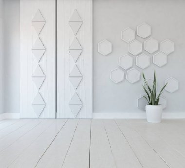 Minimalist oturma odasının içinde ahşap zemin var. İç kısımları kuzeyli. 3B illüstrasyon