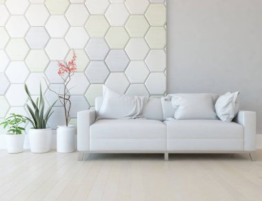 Beyaz minimalist oturma odasının içinde, ahşap zeminde kanepe var. İç kısımları kuzeyli. 3B illüstrasyon