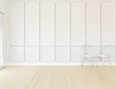 Minimalist oturma odasının içinde ahşap zemin var. İç kısımları kuzeyli. 3B illüstrasyon