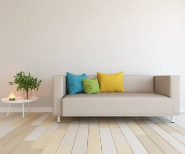 Beyaz minimalist oturma odasının içinde, ahşap zeminde kanepe var. İç kısımları kuzeyli. 3B illüstrasyon