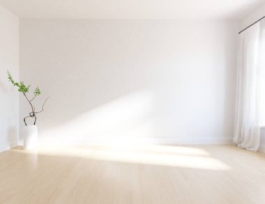 Minimalist oturma odasının içinde ahşap zemin var. İç kısımları kuzeyli. 3B illüstrasyon