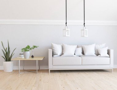 Beyaz minimalist oturma odasının içinde, ahşap zeminde kanepe var. İç kısımları kuzeyli. 3B illüstrasyon