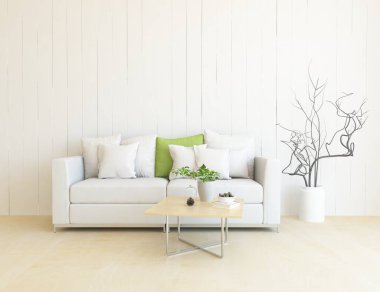 Beyaz minimalist oturma odasının içinde, ahşap zeminde kanepe var. İç kısımları kuzeyli. 3B illüstrasyon